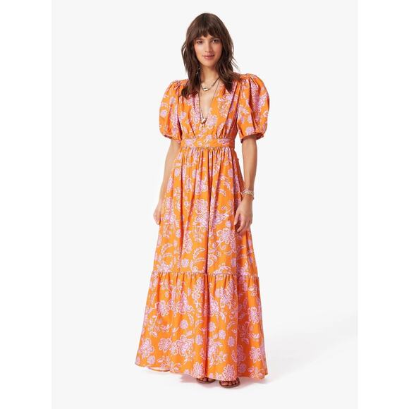 XiRENA Dresses & Skirts - XiRENA Larkyn Cotton Maxi Dress Plunge V-Neck Puff Sleeve Size Medium Orange